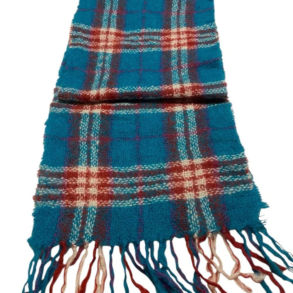 James Pringle Weavers Scarf Womens Jewel Check Plaid Wool Blend Fringe Preppy